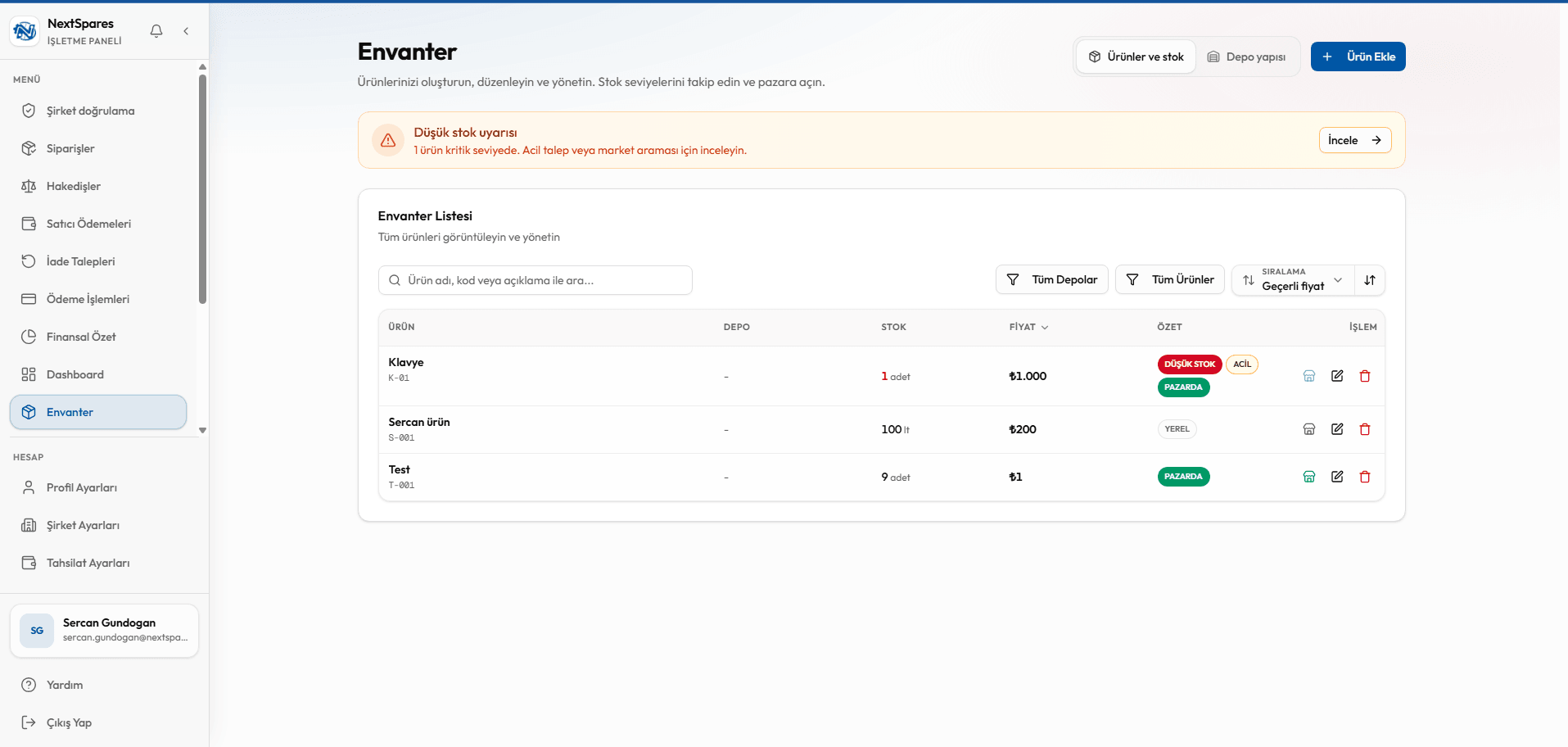 NextSpares inventory web dashboard