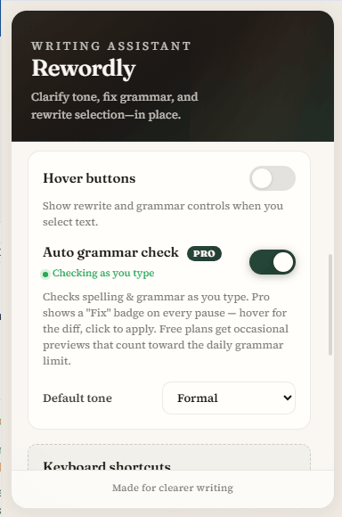 Rewordly extension popup settings