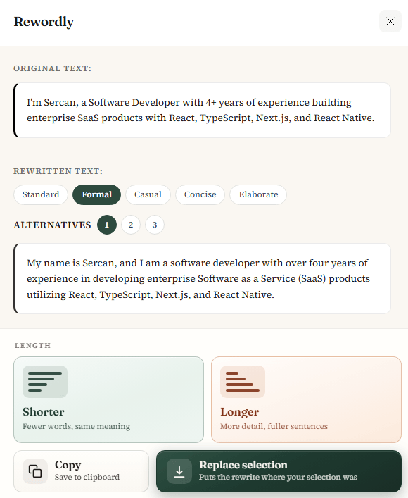 Rewordly rewrite modal